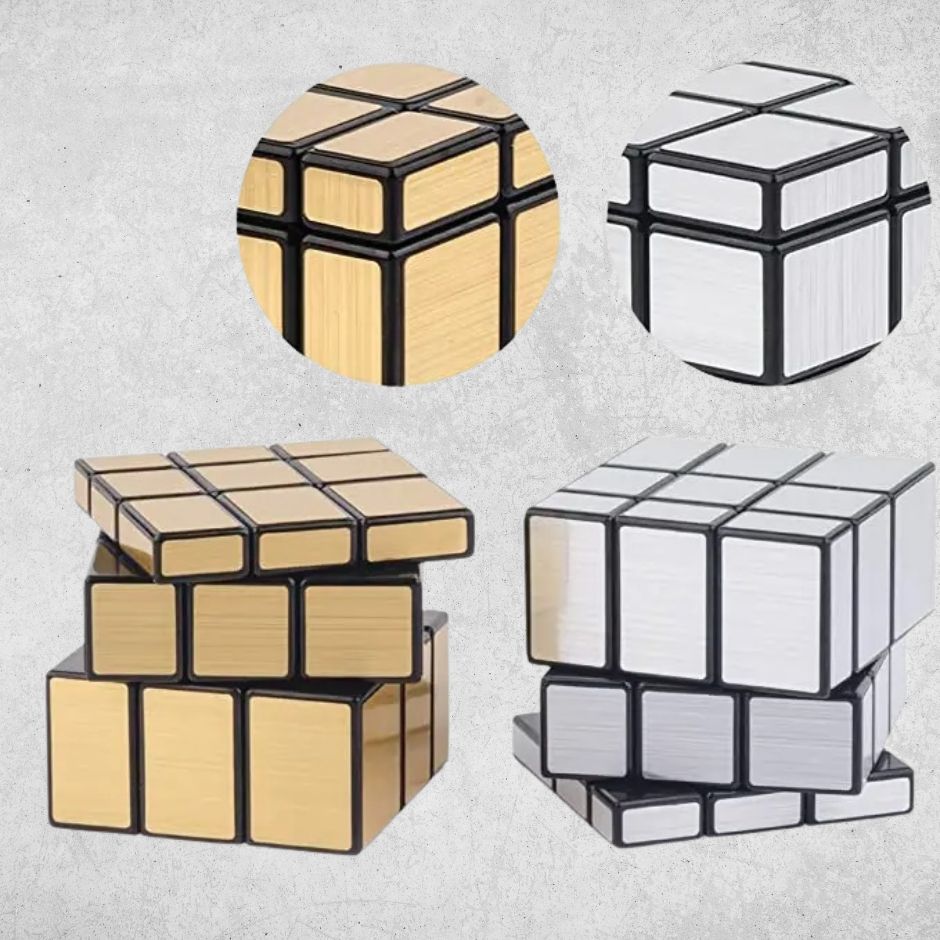 Casse tete cube miroir doré et argenté déformés sur fond gris texturé.