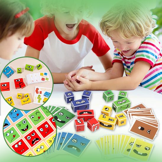 Deux enfants souriants jouant avec un casse tete cube et des cartes aux visages expressifs.