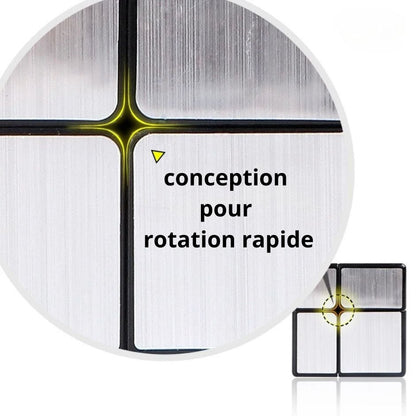 Zoom sur un casse tete cube argenté avec texte "conception pour rotation rapide"