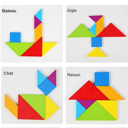 4 formes créatives réalisées avec le casse tete puzzle tangram : bateau, aigle, chat et maison, avec des pièces colorées.