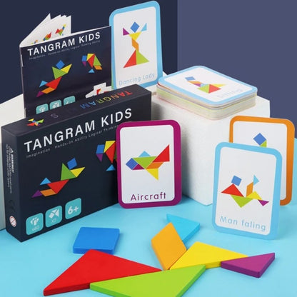 Casse tete puzzle tangram avec cartes colorées et pièces géométriques, boîte et livret à l'arrière.