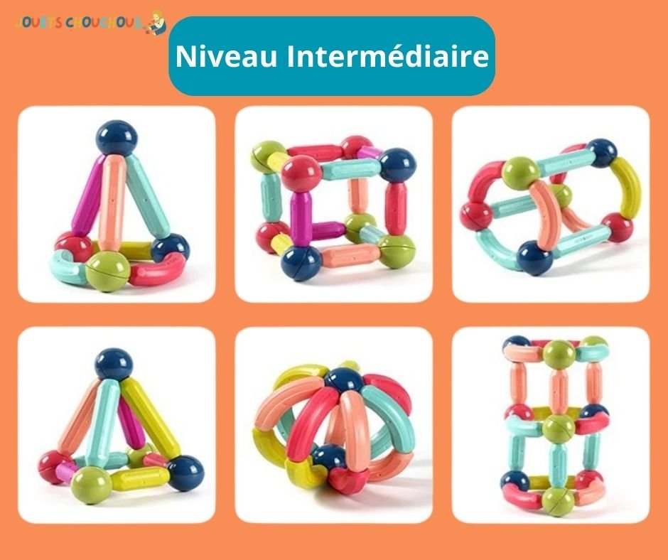 Six structures colorées de niveau intermédiaire réalisées avec un jeu de construction magnétique.