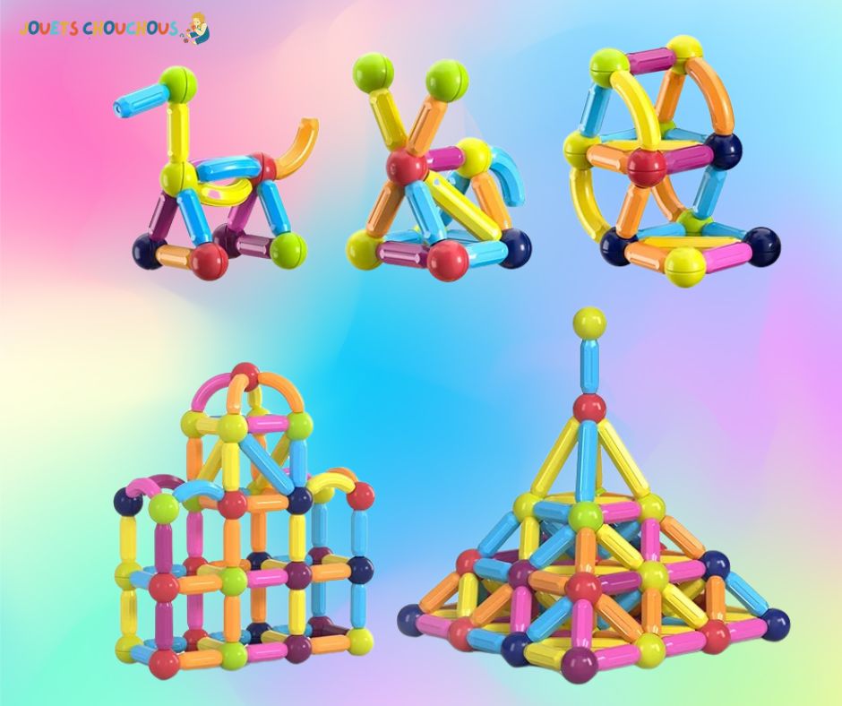 Cinq structures colorées en jeu de construction magnétique, incluant un chien, vélo et pyramide.