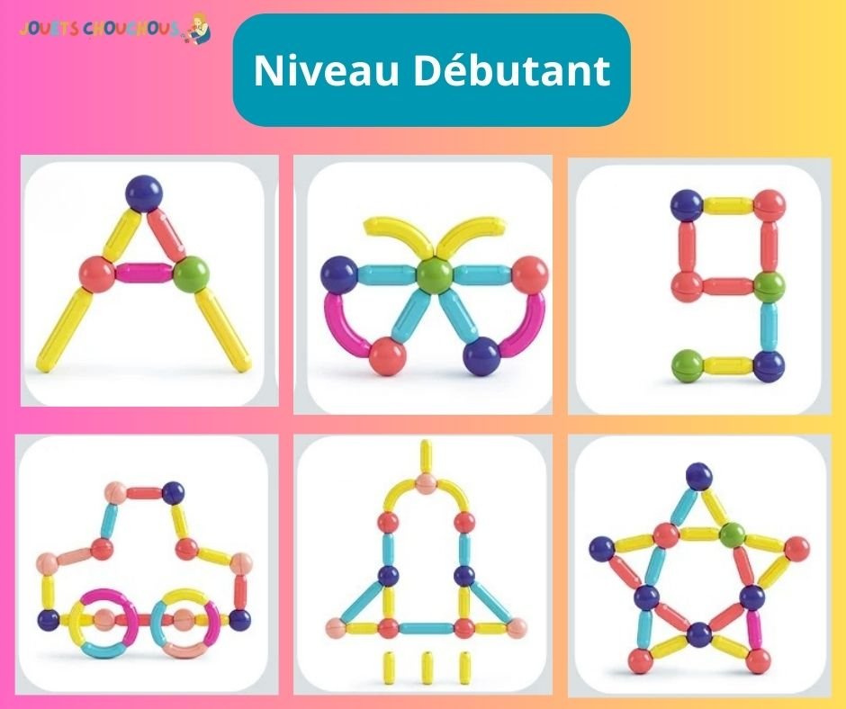 Figures simples en jeu de construction magnétique pour débutants, incluant lettre A, papillon, voiture et étoile