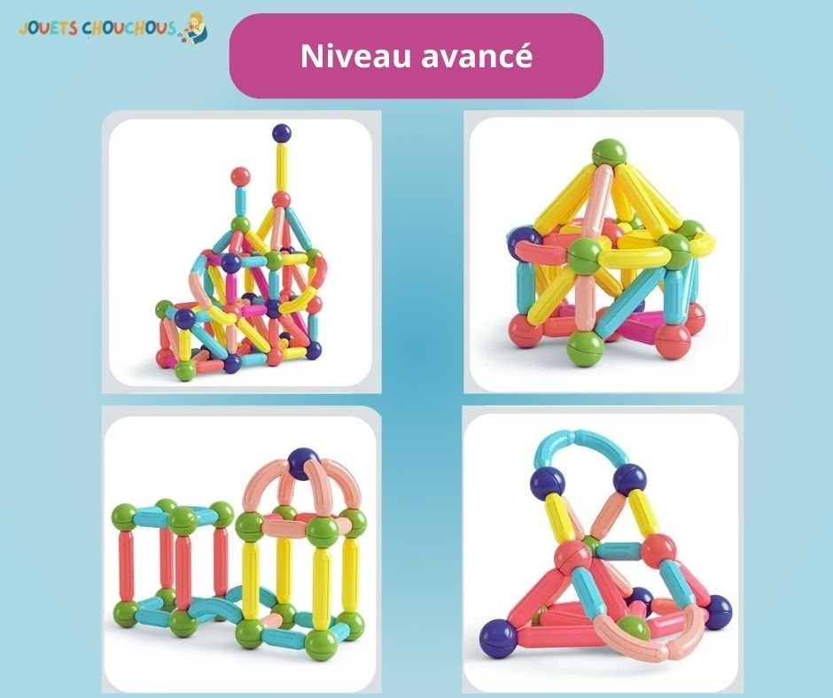 Constructions complexes de niveau avancé réalisées avec un jeu de construction magnétique coloré.