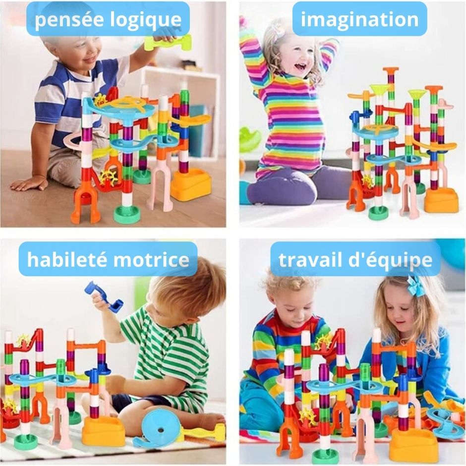 Enfants jouant avec le jeu de construction Tubemaze, texte pensée logique, imagination, habileté motrice et travail d'équipe.