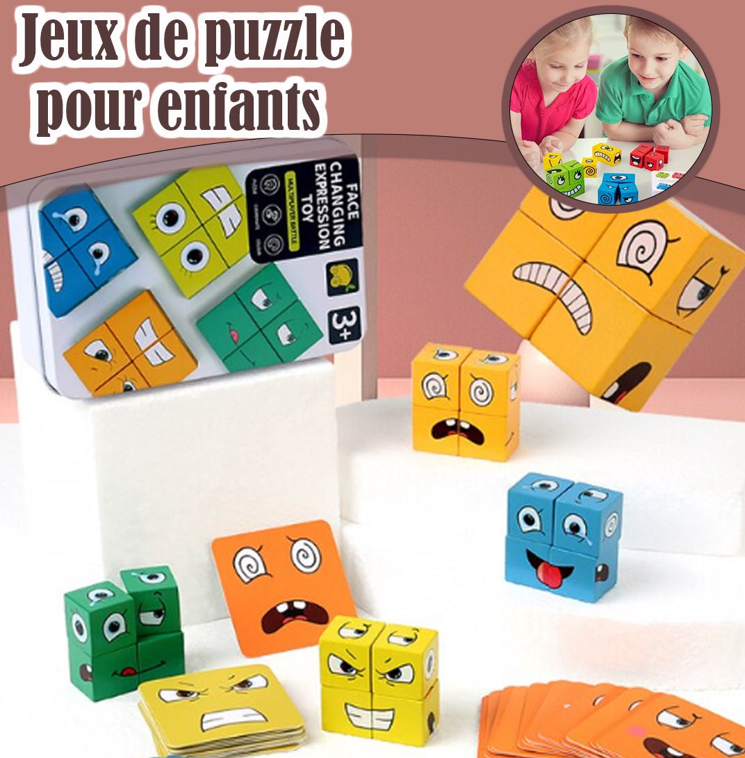 casse tete cube avec des visages expressifs et leurs cartes assorties. Texte : "Jeux de puzzle pour enfants". Enfants jouant.