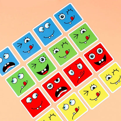 Cartes carrées colorées avec des visages expressifs en bleu, vert, rouge et jaune sur fond orange.